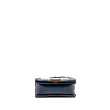 Chanel Small Chevron Boy Bag Calfskin White/Navy GHW