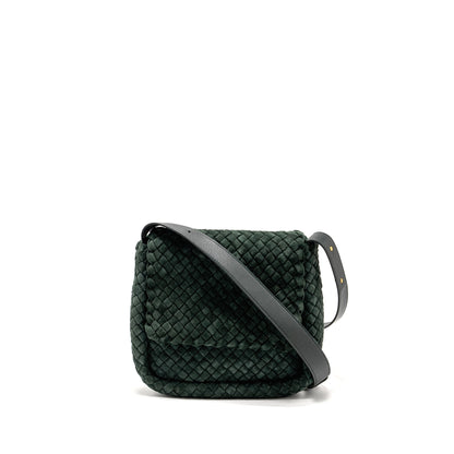 Bottega Veneta Cobble Messenger Purse Intrecciato-Woven Padded Suede Dark Green
