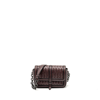 Bottega Veneta Mini Intrecciato Flap Purse Leather Dark Brown with Black Hardware