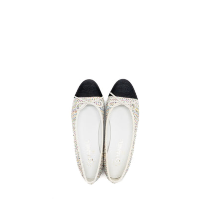 Chanel Size 37.5 23C Ballerinas Flat Shoes Glittered Fabric/Grosgrain White/Multicolour/Black