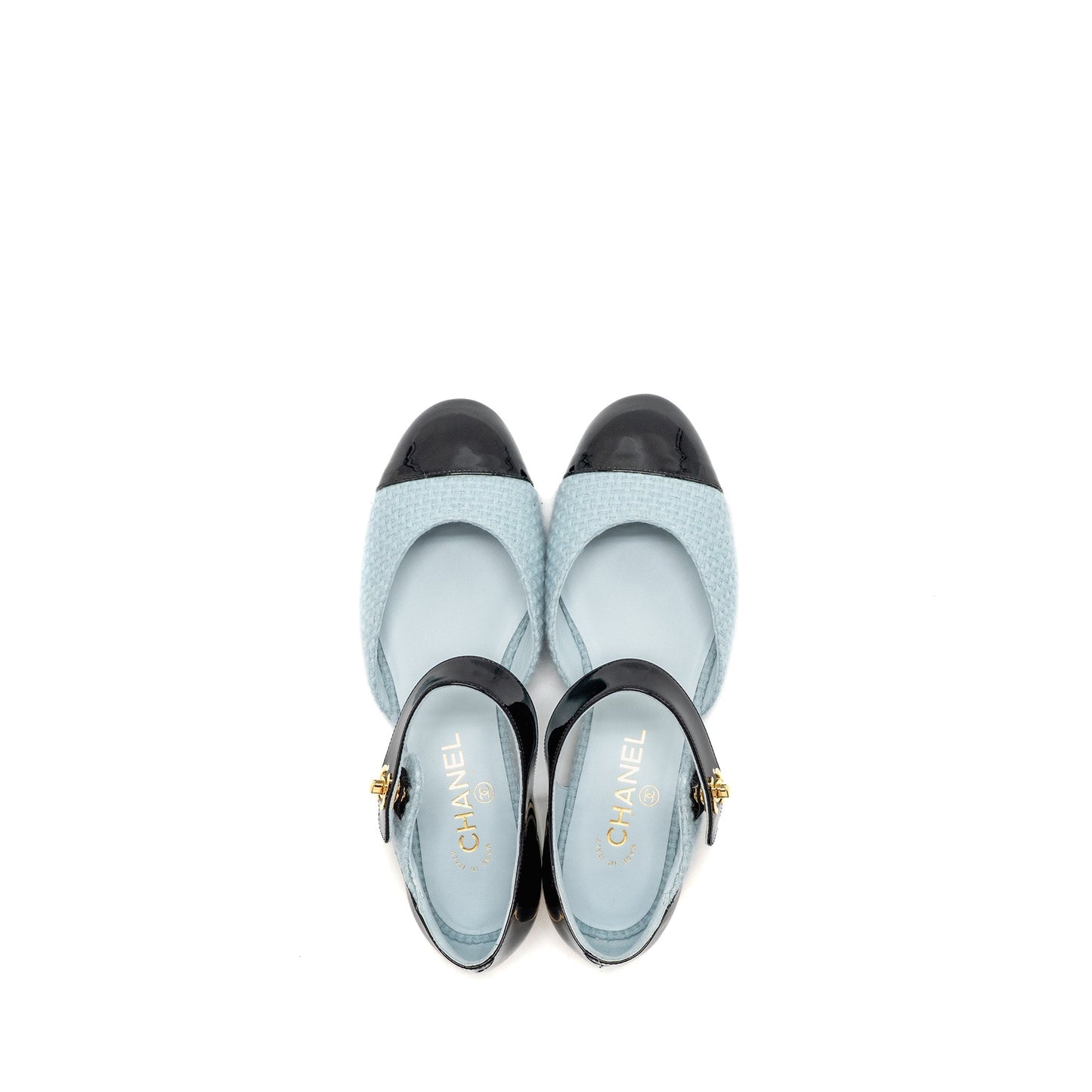 Chanel Size 39 21K Ballerinas Flat Shoes Tweed/Patent Calfskin Light Blue/ Black GHW