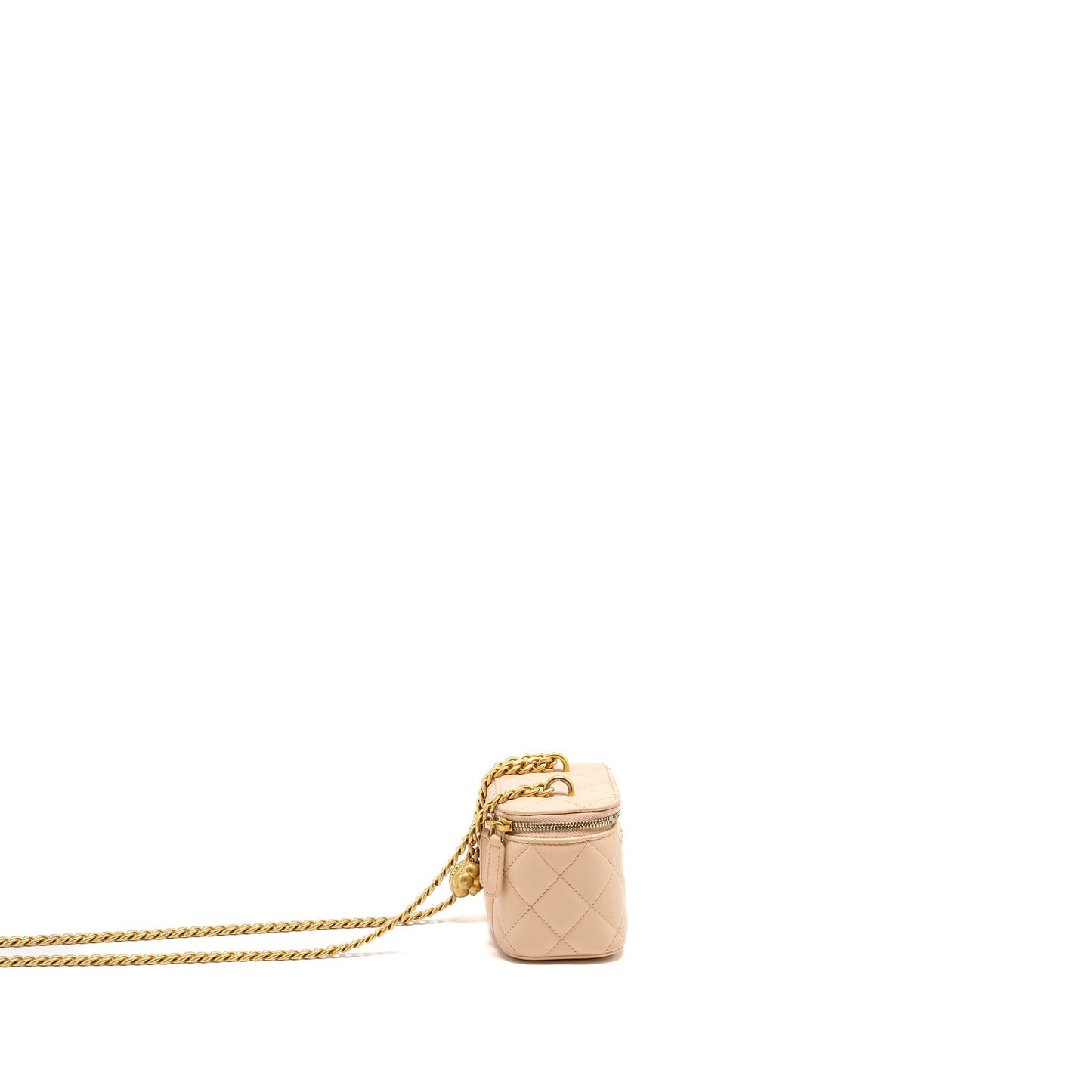 Chanel Mini Vanity Case With Camellia Adjustable Chain Lambskin Beige GHW (Microchip)