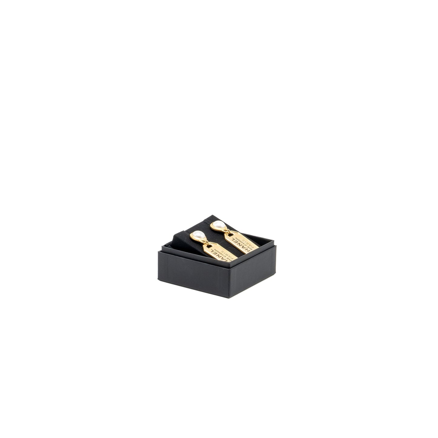 Chanel Pearl Earrings ignature Tag Drop Gold Tone