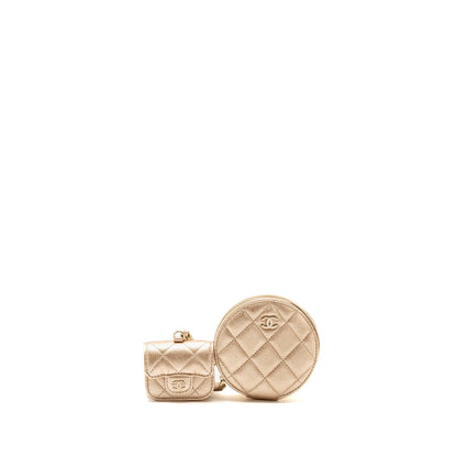 Chanel Round Clip On Purse Duo Bag Charm Quilted Lambskin Metallic Gold LGHW(microchip)
