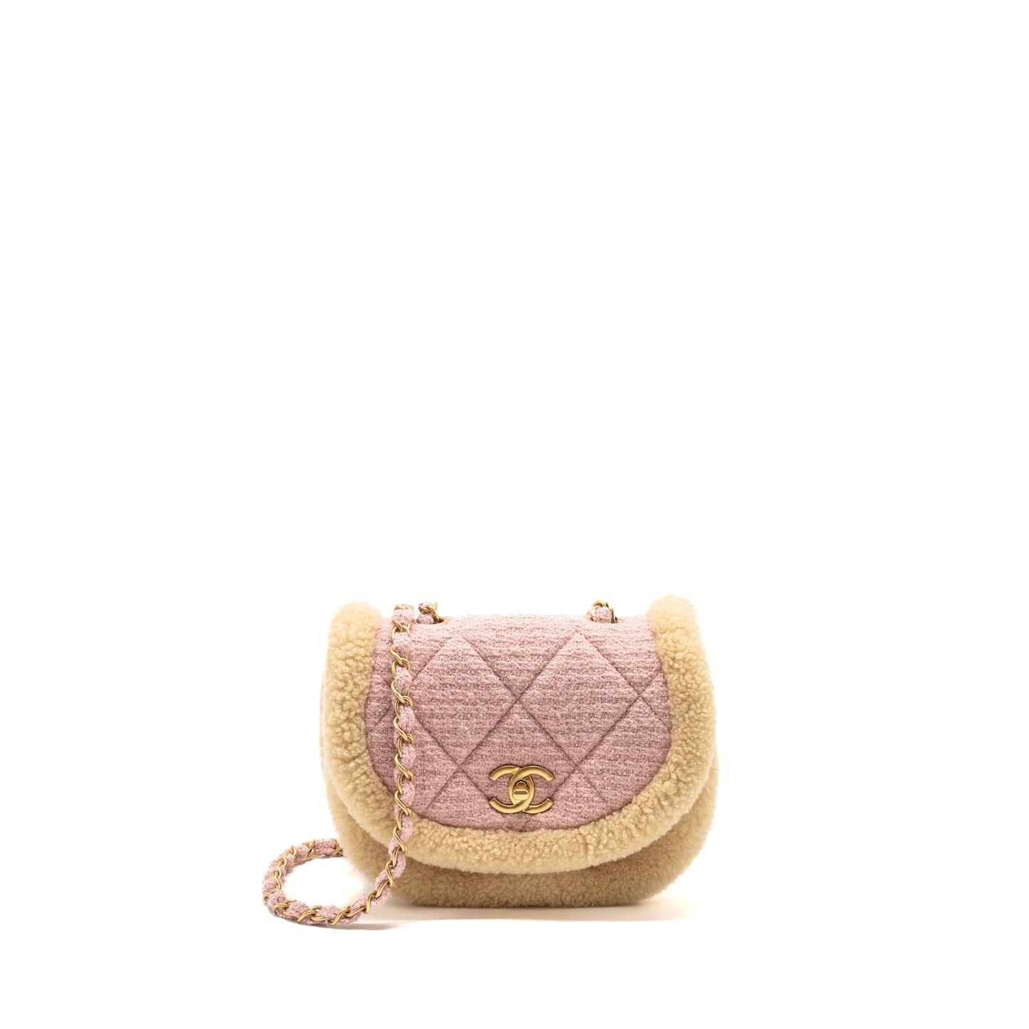 Chanel 22K Cozy Coco Round Flap Bag Tweed/Shearling Pink GHW (Microchip)