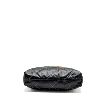 Chanel Medium 22 Bag Shiny Calfskin Black With White Stitching Gold Letter GHW (Microchip)