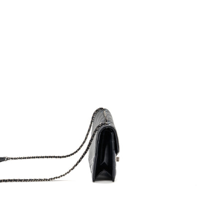 Chanel Envelop Metal Plate Flap Bag Chevron Calfskin Black/Navy Ruthenium silver Hardware