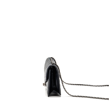 Chanel Envelop Metal Plate Flap Bag Chevron Calfskin Black/Navy Ruthenium silver Hardware
