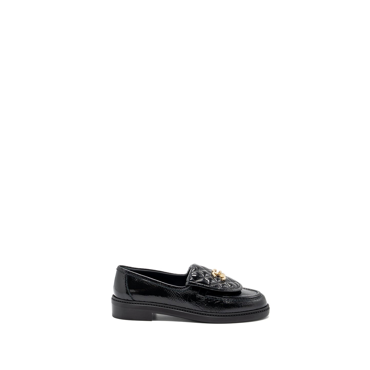 Chanel Size 38.5 Quilted CC Logo Loafer Patent Lambskin Black LGHW