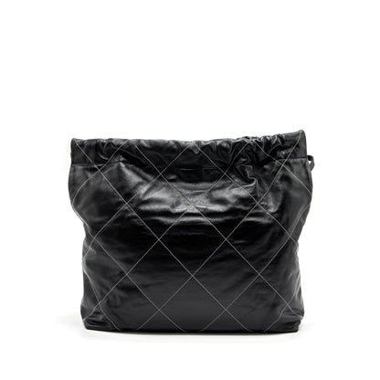 Chanel Medium 22 Bag Shiny Calfskin Black With White Stitching Gold Letter GHW (Microchip)