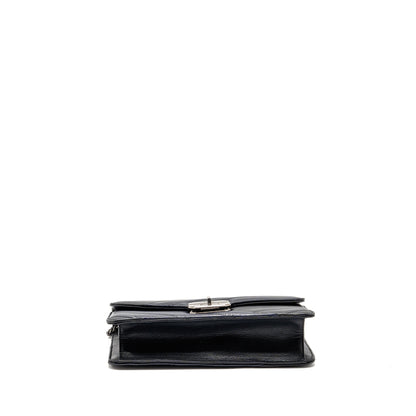 Chanel Envelop Metal Plate Flap Bag Chevron Calfskin Black/Navy Ruthenium silver Hardware