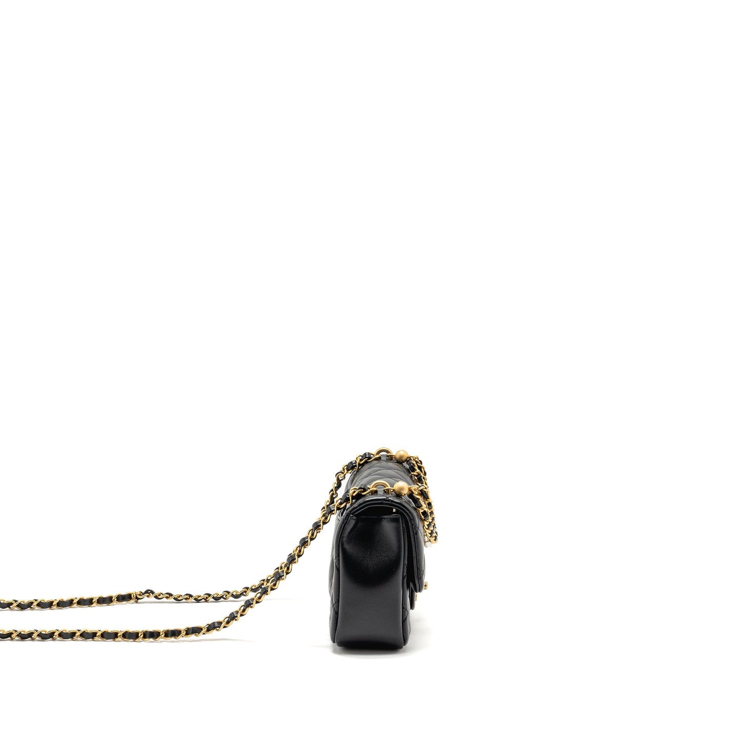 Chanel 24p pearl chain Mini Flap Bag Lambskin Black GHW (Microchip)