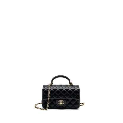 Chanel Top Handle Mini Rectangular Flap Bag Lambskin Black LGHW (Microchip)