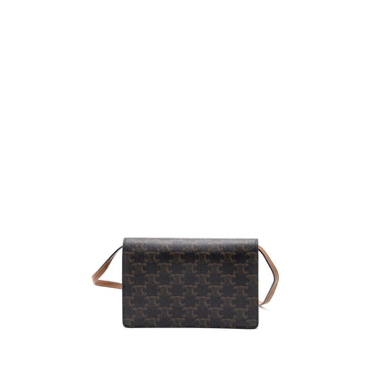 Luxury CELINE wallet on strap triomphe canvas / smooth lambskin tan with
