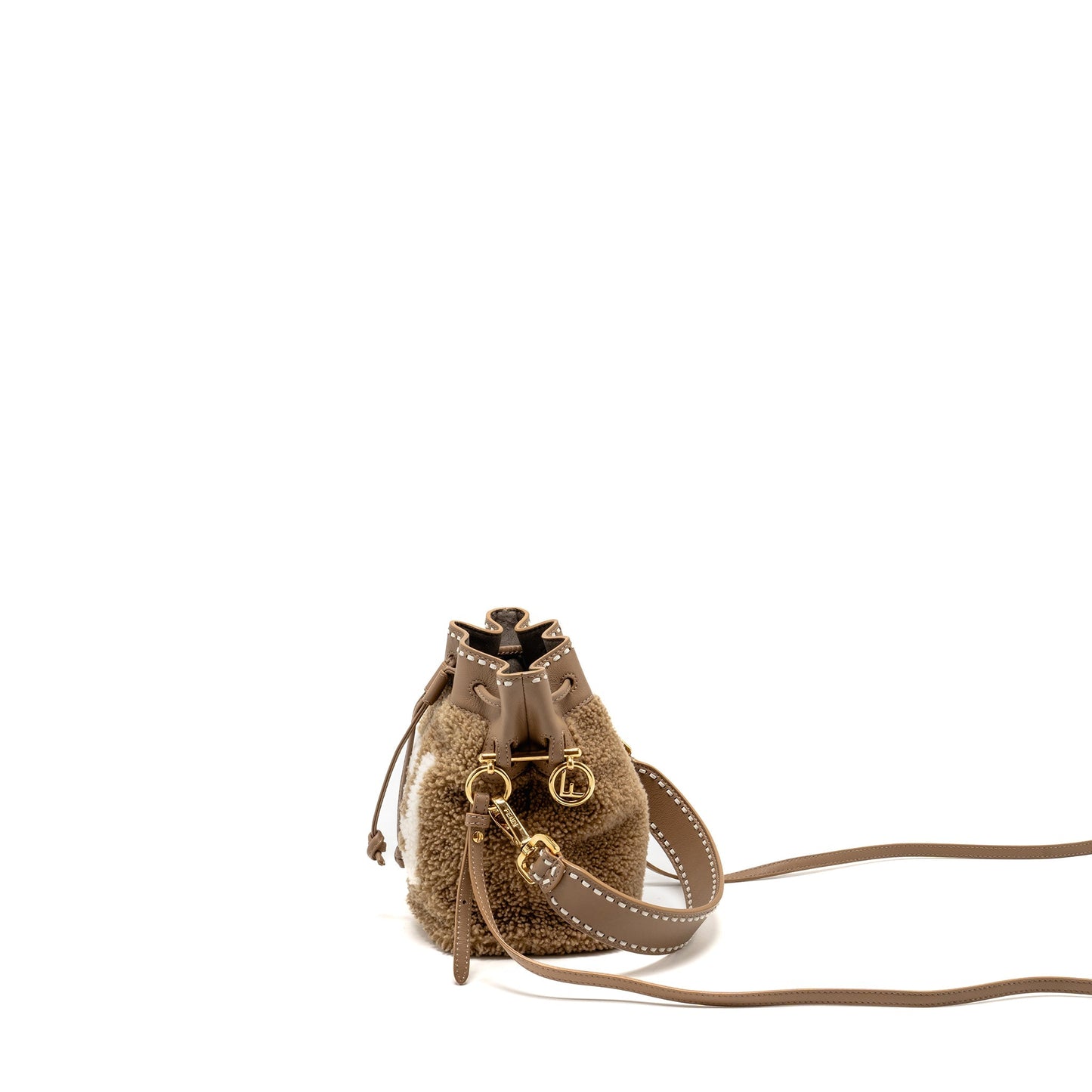 Fendi Mini Mon Tresor Bucket Purse Shearling/Leather Beige