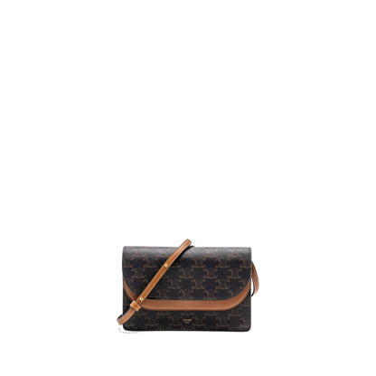 Luxury CELINE wallet on strap triomphe canvas / smooth lambskin tan with