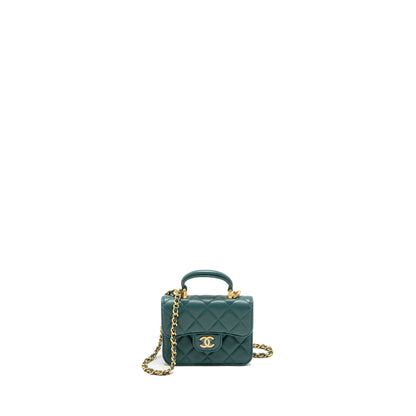 Chanel Mini Top Handle Flap Bag Lambskin Green Brushed GHW