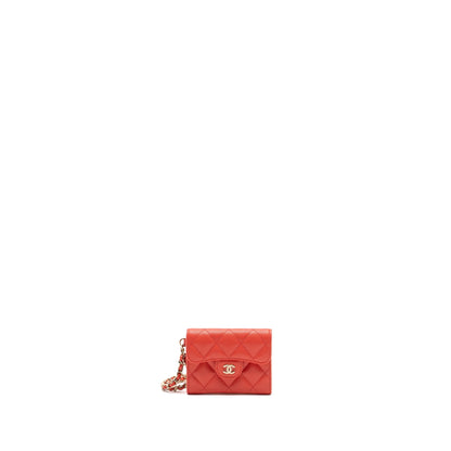 Chanel flap card holder with chain on one side caviar coral pink LGHW