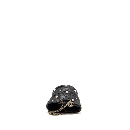 Chanel About Pearls Quilted Drawstring Bucket Bag Lambskin Black LGHW