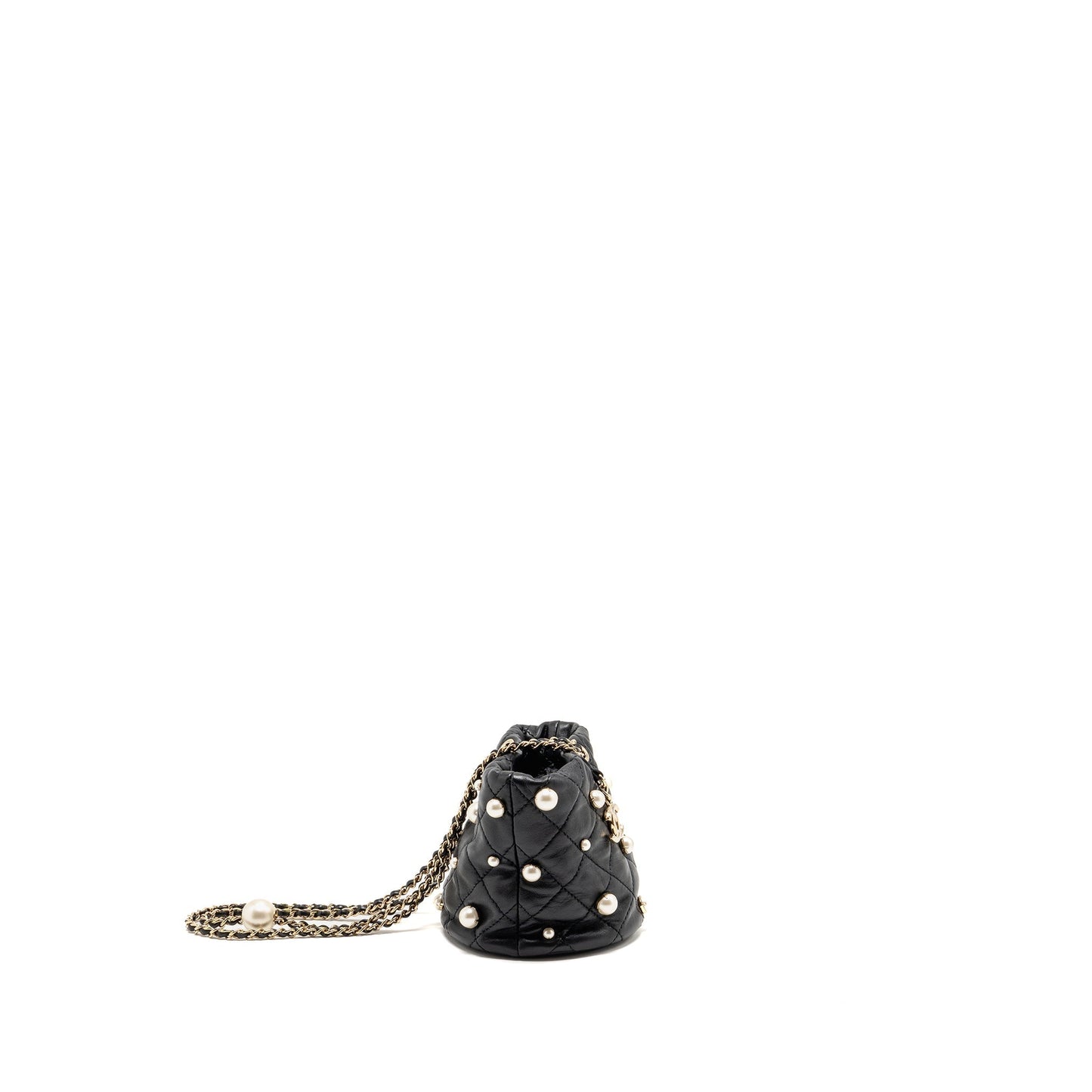 Chanel About Pearls Quilted Drawstring Bucket Bag Lambskin Black LGHW