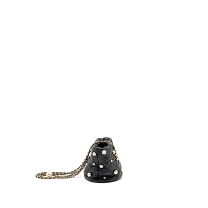 Chanel About Pearls Quilted Drawstring Bucket Bag Lambskin Black LGHW