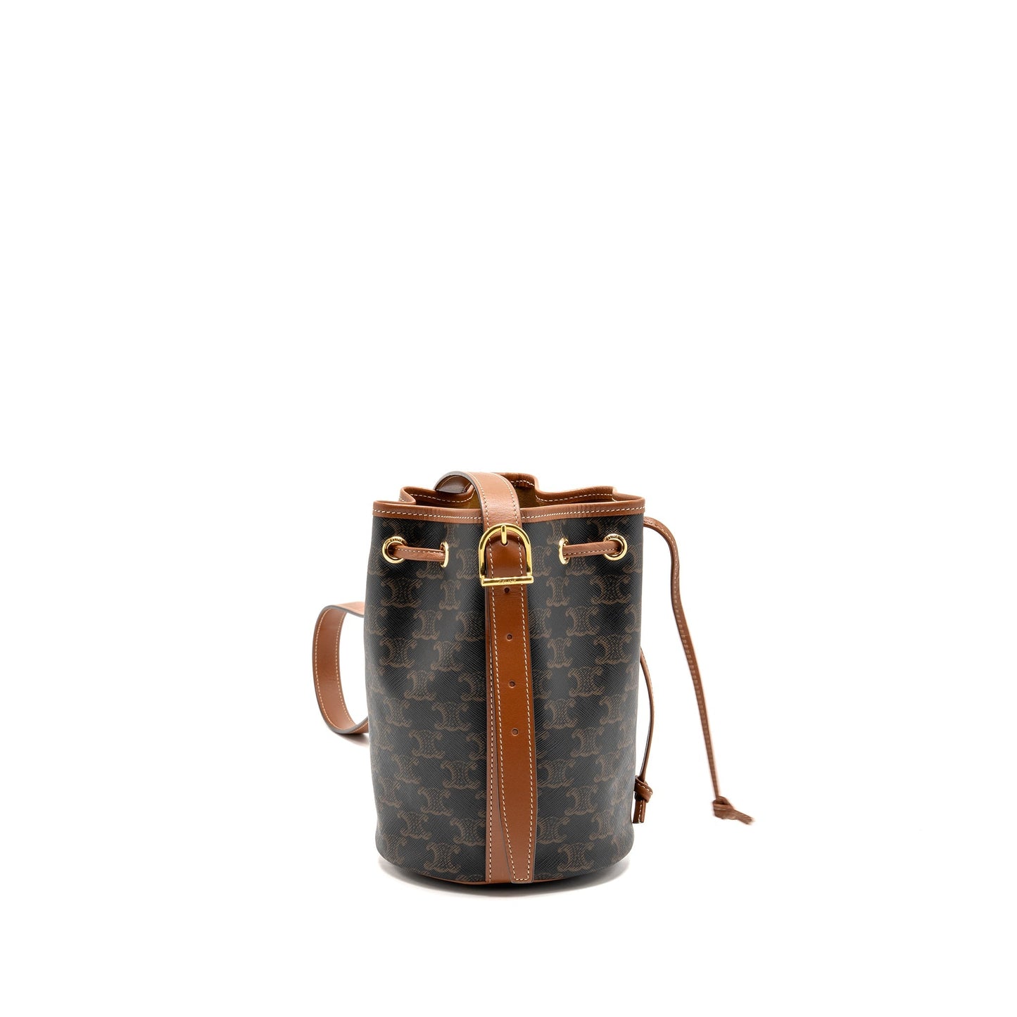 Celine Small Drawstring Purse Triomphe Canvas / Calfskin Tan