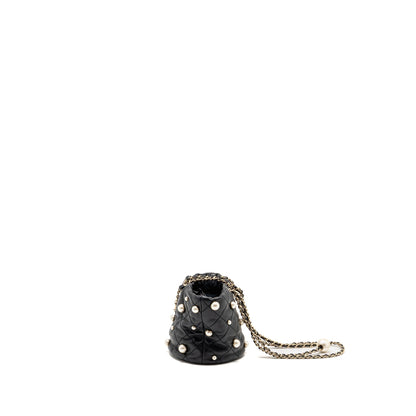 Chanel About Pearls Quilted Drawstring Bucket Bag Lambskin Black LGHW