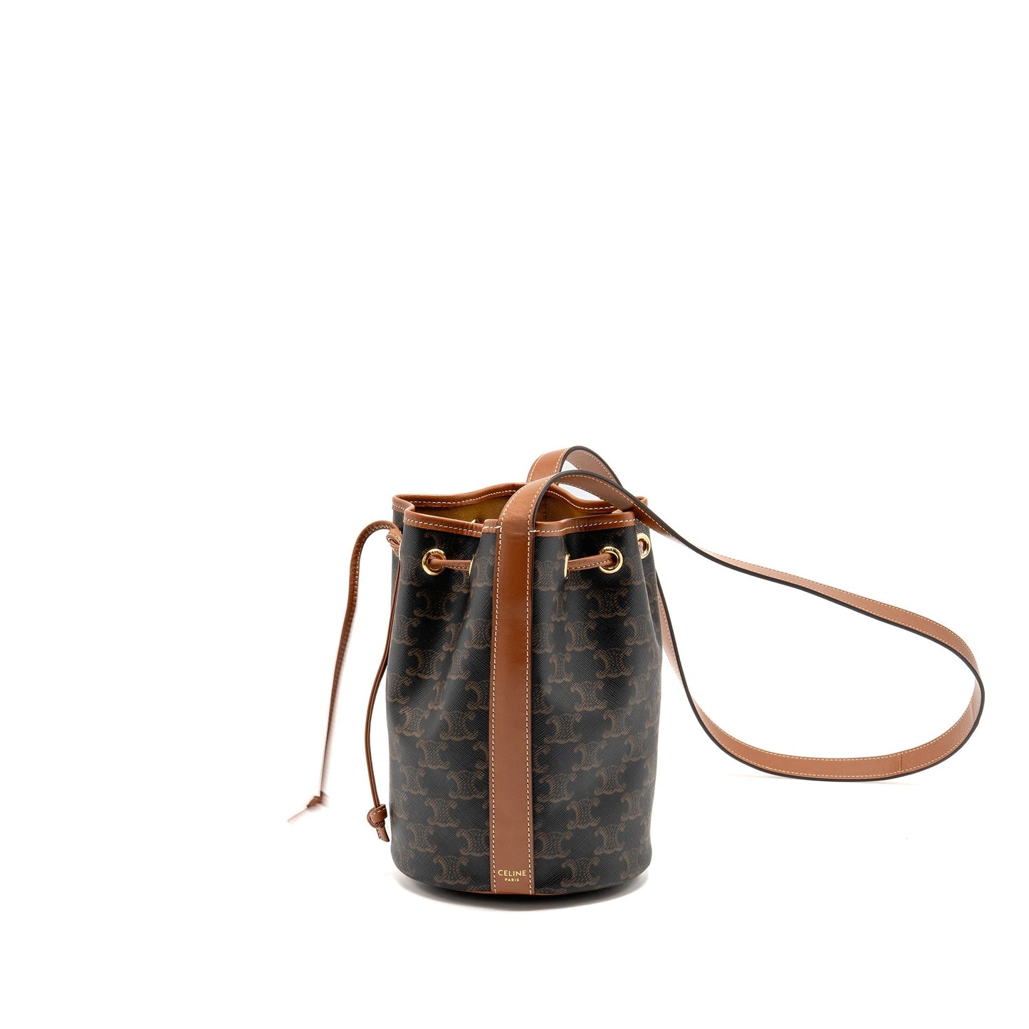Celine Small Drawstring Purse Triomphe Canvas / Calfskin Tan