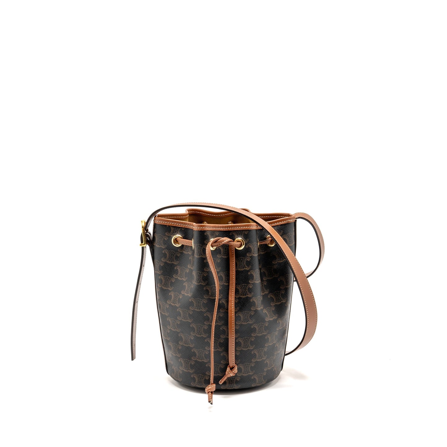 Celine Small Drawstring Purse Triomphe Canvas / Calfskin Tan