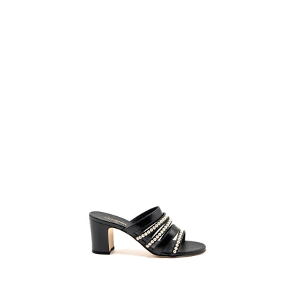 Chanel Size 37 leather/pearl sandals Black