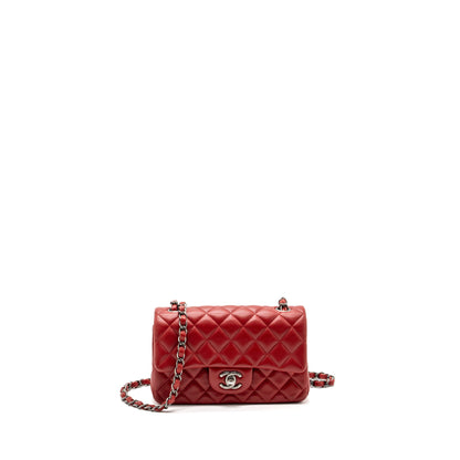 Chanel Classic Mini Rectangular Flap Bag Lambskin Red Ruthenium Hardware