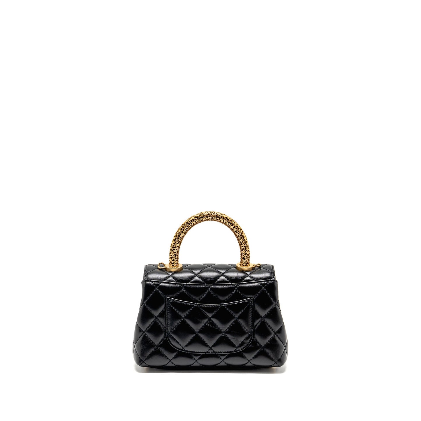 Chanel Detailed Metal Top Handle Mini Coco Handle Flap Bag Shiny Calfskin Black GHW (Microchip)