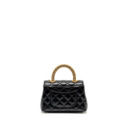 Chanel Detailed Metal Top Handle Mini Coco Handle Flap Bag Shiny Calfskin Black GHW (Microchip)