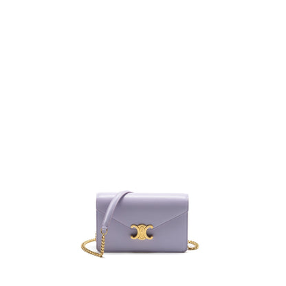 Luxury CELINE Triomphe Wallet on Chain Margo Shiny Calfskin Light Lavender