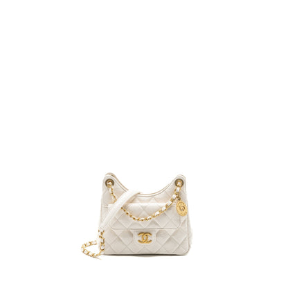Chanel 23b Small Hobo Bag Shiny Calfskin White Brushed GHW(Microchip)