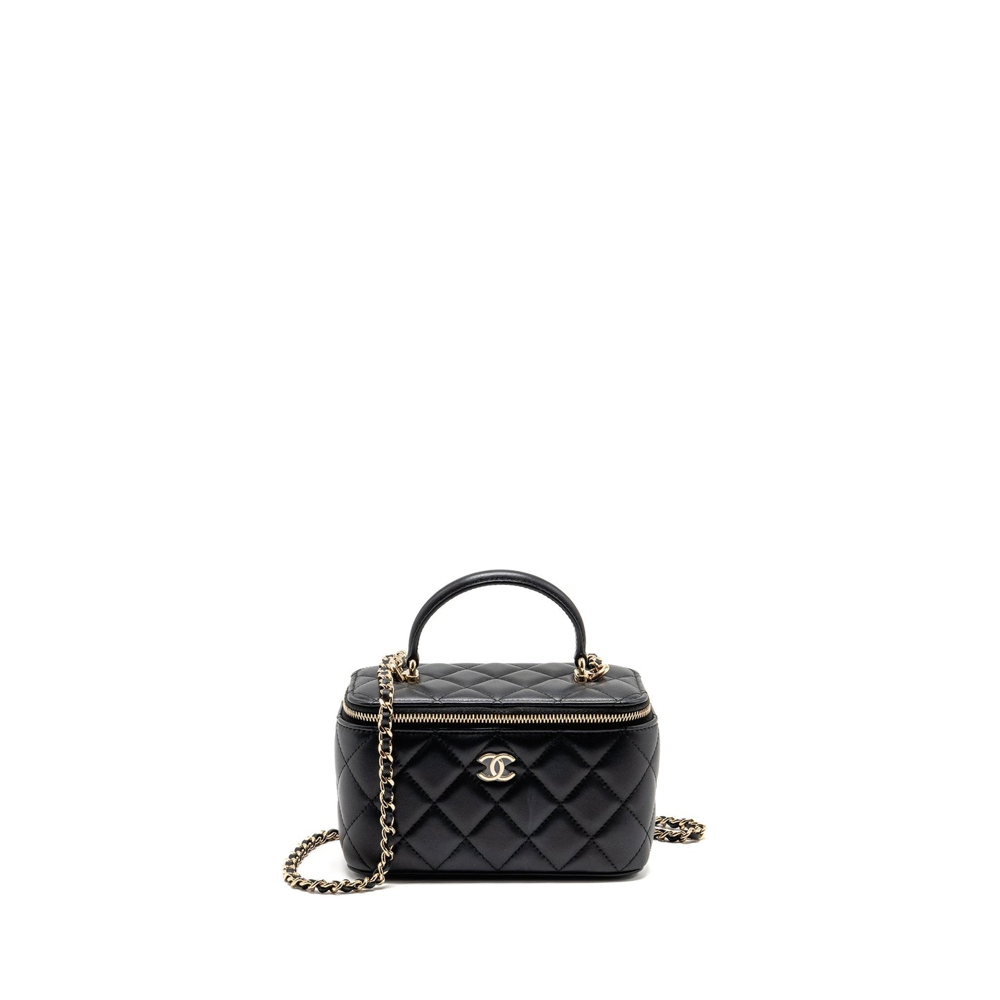 Chanel Top Handle Long Vanity Case with Chain Lambskin Black LGHW (microchip)