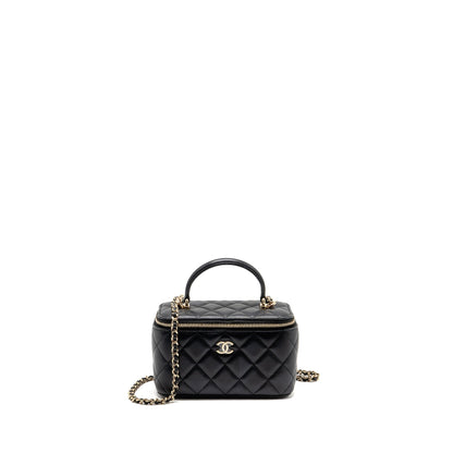 Chanel Top Handle Long Vanity Case with Chain Lambskin Black LGHW (microchip)