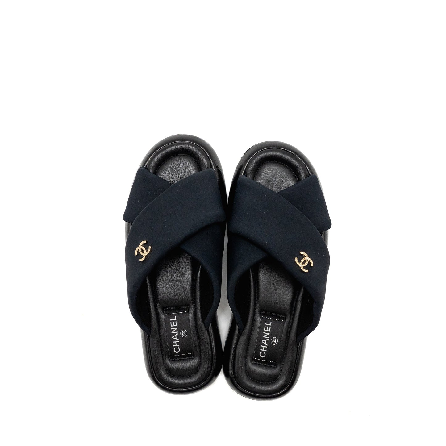 Chanel Size 38 CC Puffy Mule Sandals Fabric/Leather Black GHW