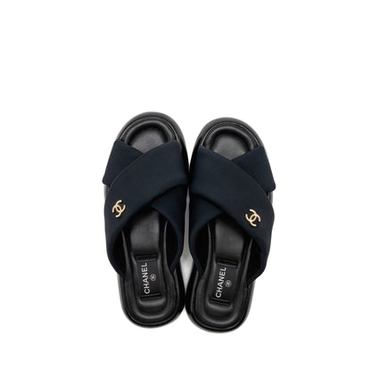 Chanel Size 38 CC Puffy Mule Sandals Fabric/Leather Black GHW