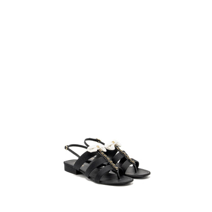 Chanel Size 39 21K Grosgrain Chain CC Logo With White Bow Sandals Black LGHW