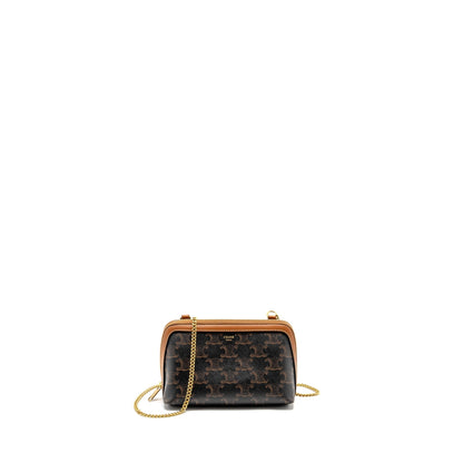 Celine Clutch With Chain in Triomphe Canvas / Lambskin Tan