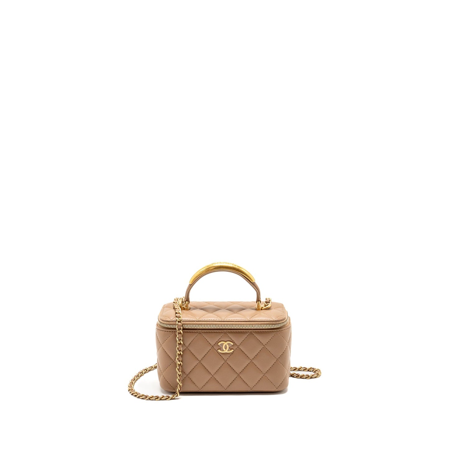 Chanel Top Handle Long Vanity with Chain Lambskin Dark Beige GHW (Microchip)