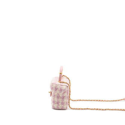 Chanel 23s Top Handle Small Vanity Case With Chain Tweed/lambskin Pink Brushed GHW(Microchip)