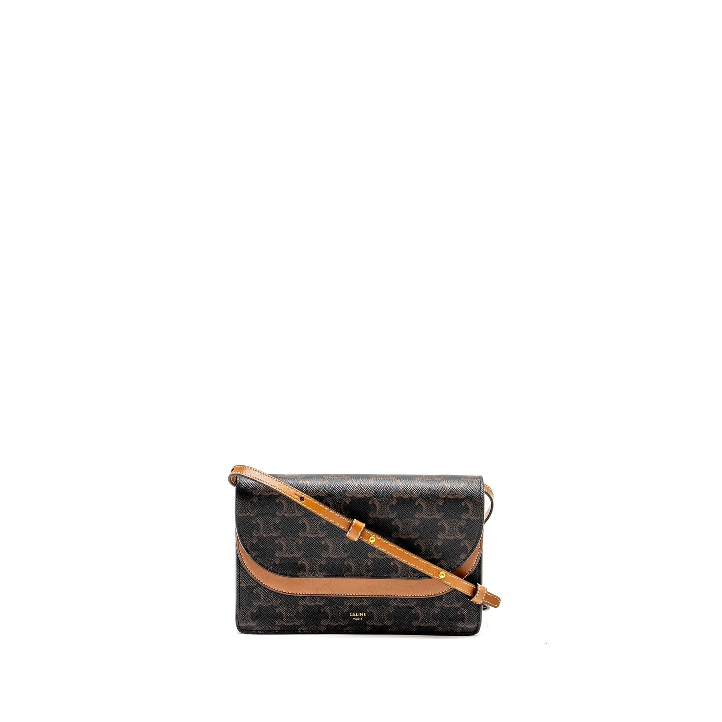Luxury CELINE Wallet On Strap Triomphe Canvas /Smooth Lambskin Tan