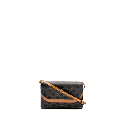 Luxury CELINE Wallet On Strap Triomphe Canvas /Smooth Lambskin Tan
