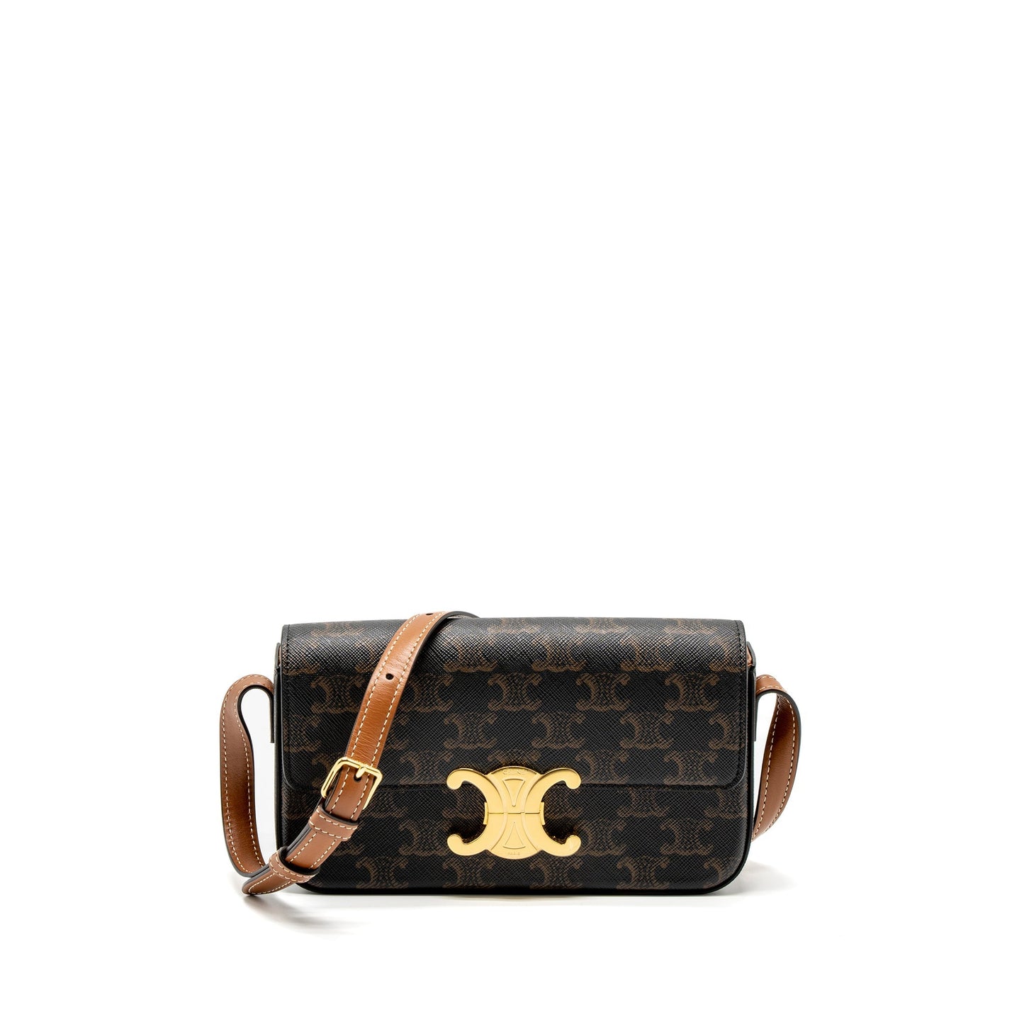 Celine Triomphe Shoudler Purse Triomphe Canvas/Calfskin Tan