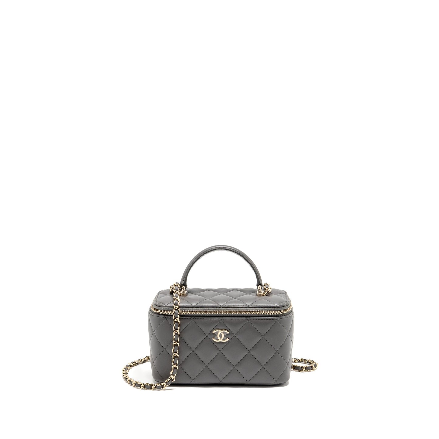 Chanel Top Handle Long Vanity with Chain Lambskin Grey LGHW (microchip)