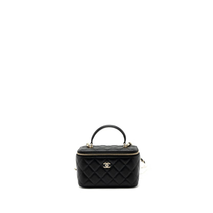 Chanel Top Handle Long Vanity With Chain Lambskin Black LGHW(Microchip)