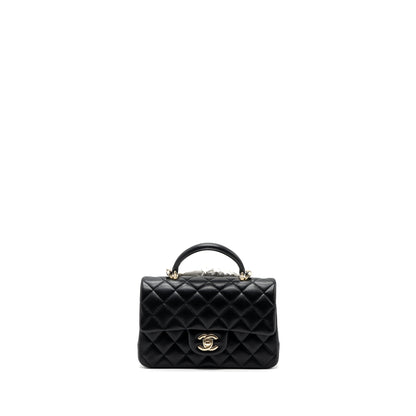 Chanel top handle mini Rectangular flap bag lambskin black LGHW (Microchip )
