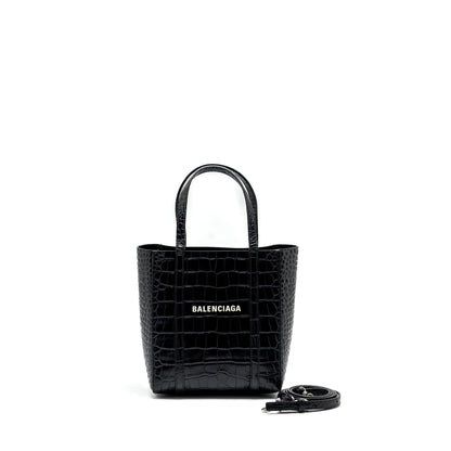 Balenciaga Everyday Tote Purse Crocodile-Embossed Calfskin Black